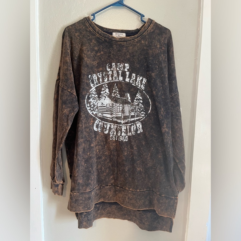 Zenana Camp Crystal Lake long sleeve shirt. XL. Distressed Brown